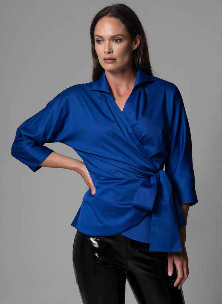 ABIGAIL ROYAL BLUE WRAP COTTON BLOUSE