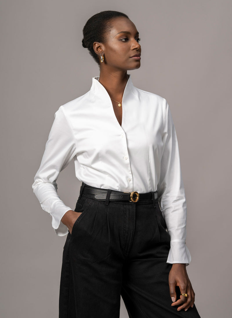 ARIA WHITE TULIP NECK COTTON SHIRT