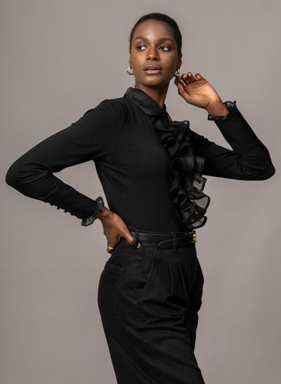 CAPRICE BLACK RUFFLE JERSEY SHIRT