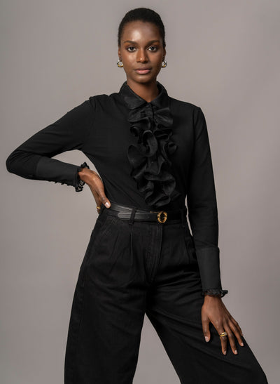 CAPRICE BLACK RUFFLE JERSEY SHIRT