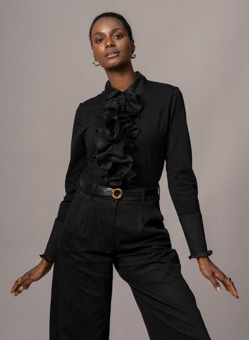 CAPRICE BLACK RUFFLE JERSEY SHIRT