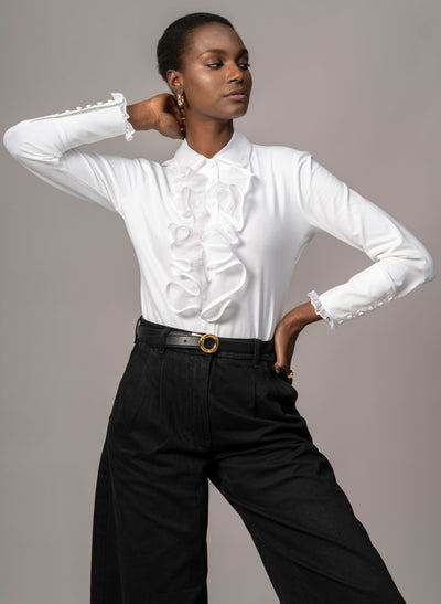 CAPRICE WHITE RUFFLE JERSEY SHIRT