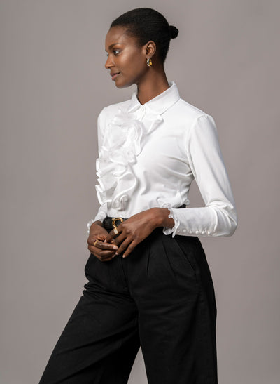 CAPRICE WHITE RUFFLE JERSEY SHIRT