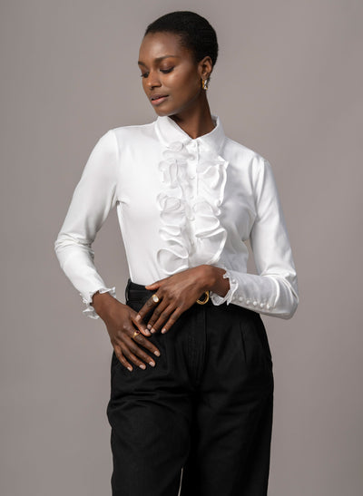 CAPRICE WHITE RUFFLE JERSEY SHIRT