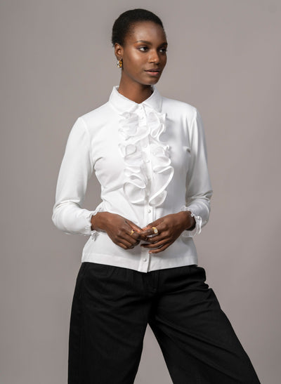 CAPRICE WHITE RUFFLE JERSEY SHIRT