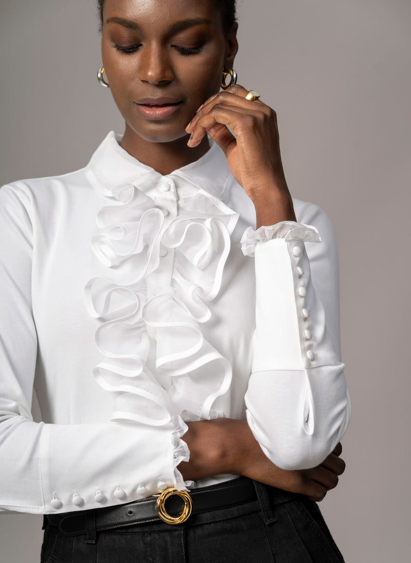 CAPRICE WHITE RUFFLE JERSEY SHIRT