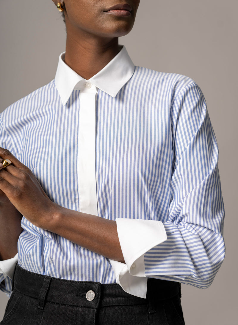 Carla "The Pop-over" Blue & White Stripe Tunic Cotton Oxford Shirt