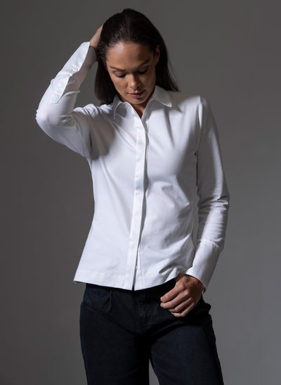 CLAUDIA WHITE ELEGANT COTTON JERSEY SHIRT WITH WOVEN COLLAR AND CUFFS