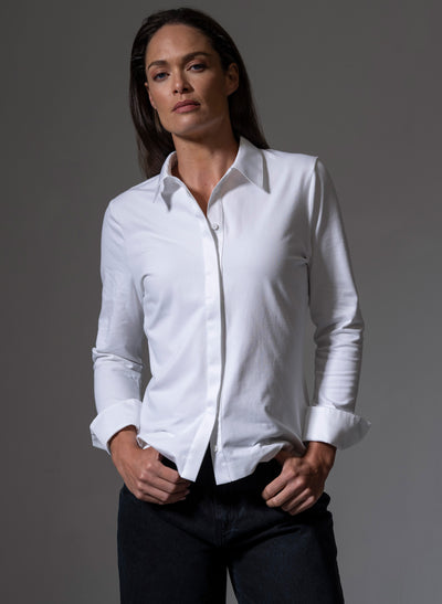 CLAUDIA WHITE ELEGANT COTTON JERSEY SHIRT WITH WOVEN COLLAR AND CUFFS