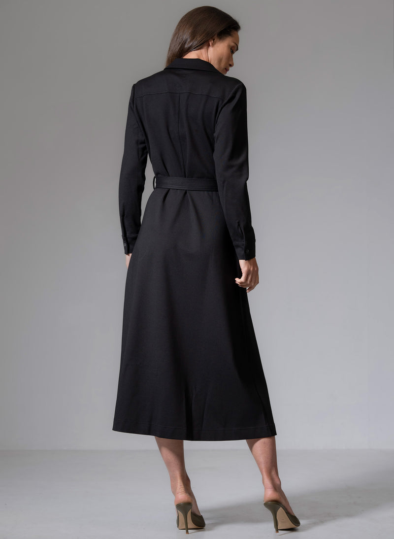 CUTHBERT BLACK COMFORTABLE SCULPT KNIT OPEN COLLAR MIDI SHIRT DRESS