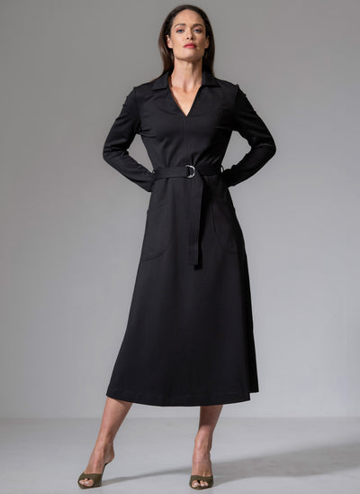 CUTHBERT BLACK COMFORTABLE SCULPT KNIT OPEN COLLAR MIDI SHIRT DRESS