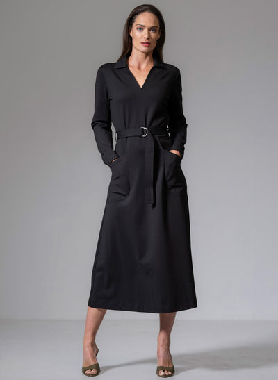 CUTHBERT BLACK COMFORTABLE SCULPT KNIT OPEN COLLAR MIDI SHIRT DRESS