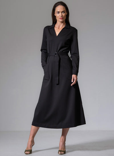 CUTHBERT BLACK COMFORTABLE SCULPT KNIT OPEN COLLAR MIDI SHIRT DRESS