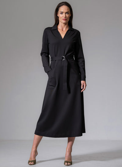 CUTHBERT BLACK COMFORTABLE SCULPT KNIT OPEN COLLAR MIDI SHIRT DRESS