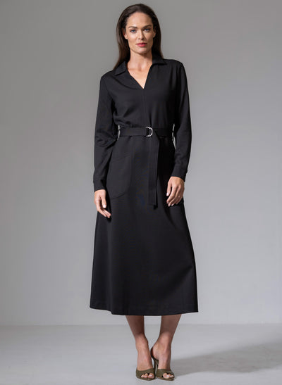 CUTHBERT BLACK COMFORTABLE SCULPT KNIT OPEN COLLAR MIDI SHIRT DRESS