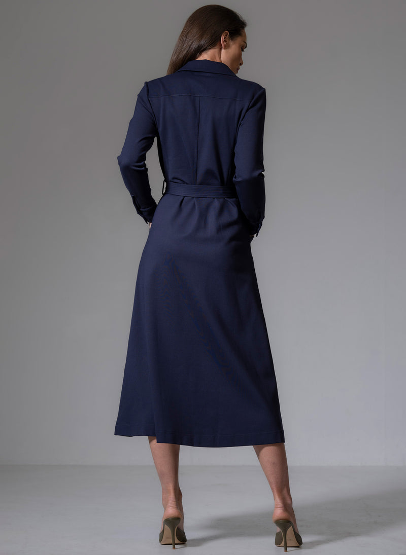 CUTHBERT NAVY COMFORTABLE SCULPT KNIT OPEN COLLAR MIDI SHIRT DRESS