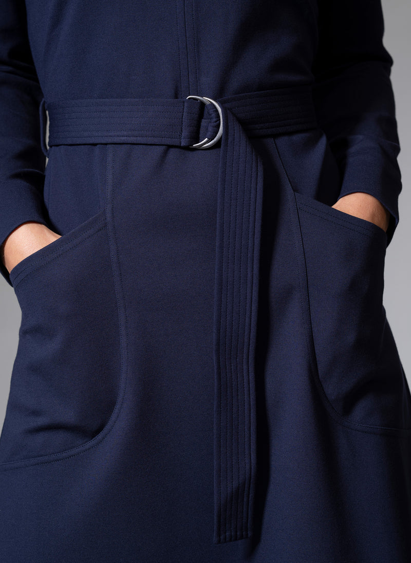 CUTHBERT NAVY COMFORTABLE SCULPT KNIT OPEN COLLAR MIDI SHIRT DRESS