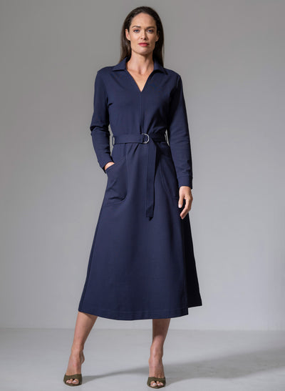 CUTHBERT NAVY COMFORTABLE SCULPT KNIT OPEN COLLAR MIDI SHIRT DRESS