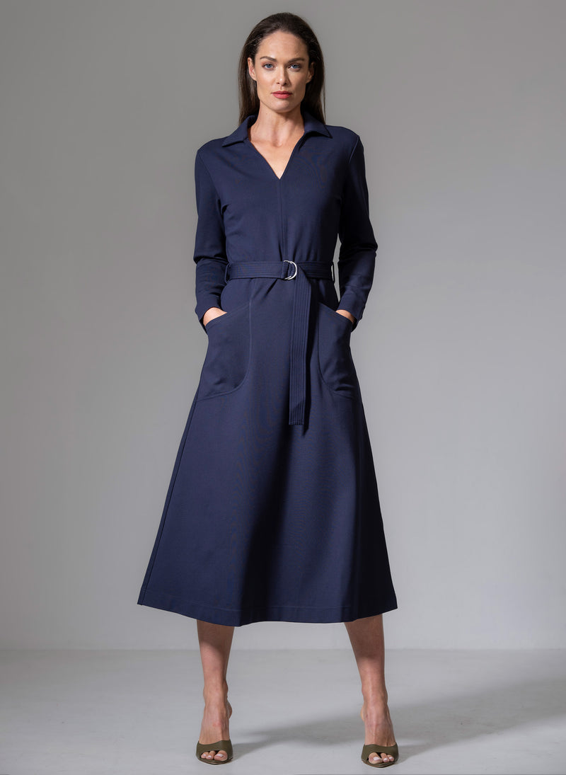 CUTHBERT NAVY COMFORTABLE SCULPT KNIT OPEN COLLAR MIDI SHIRT DRESS