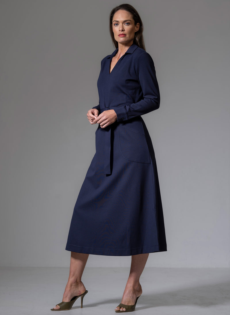 CUTHBERT NAVY COMFORTABLE SCULPT KNIT OPEN COLLAR MIDI SHIRT DRESS