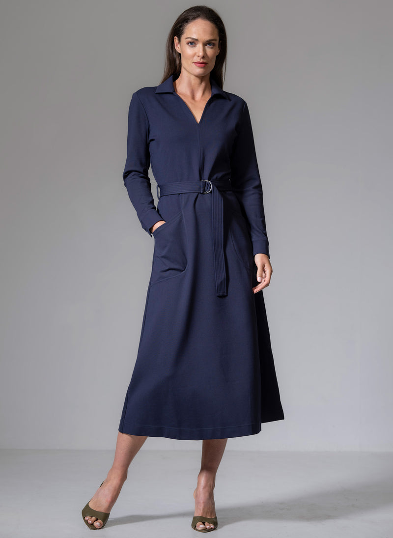 CUTHBERT NAVY COMFORTABLE SCULPT KNIT OPEN COLLAR MIDI SHIRT DRESS