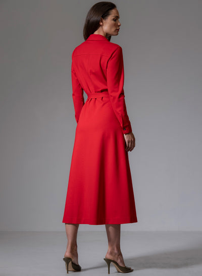 CUTHBERT RED COMFORTABLE SCULPT KNIT OPEN COLLAR MIDI SHIRT DRESS