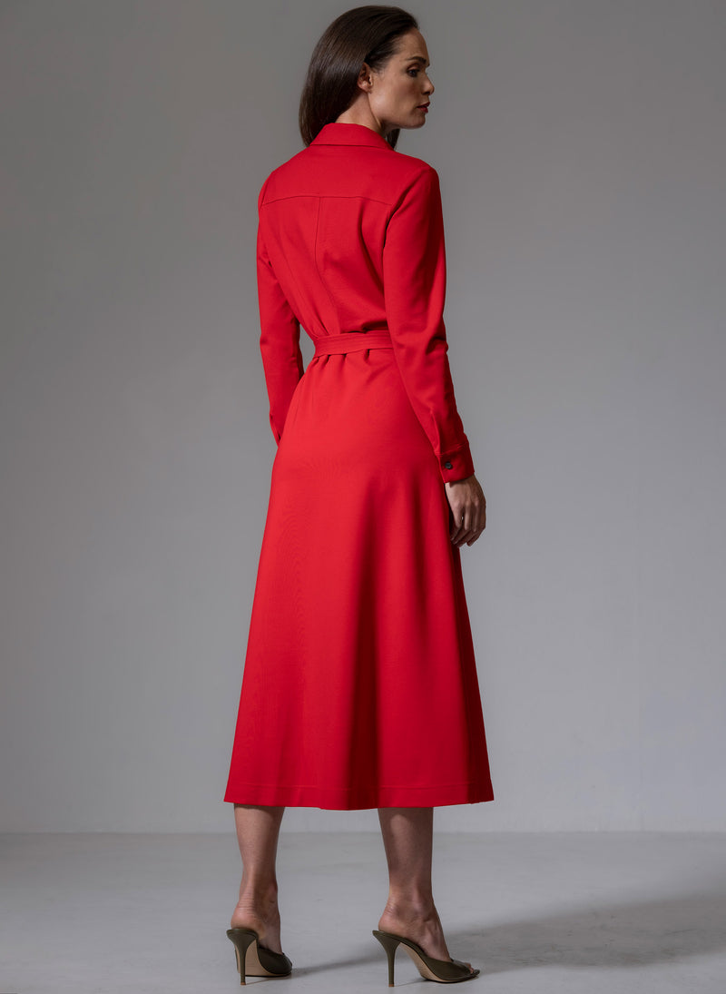 CUTHBERT RED COMFORTABLE SCULPT KNIT OPEN COLLAR MIDI SHIRT DRESS