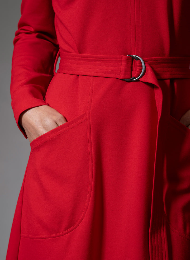 CUTHBERT RED COMFORTABLE SCULPT KNIT OPEN COLLAR MIDI SHIRT DRESS