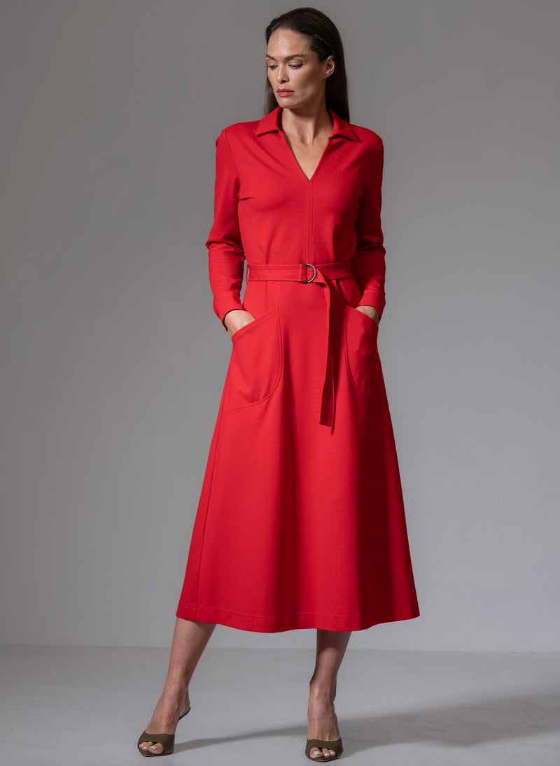 CUTHBERT RED COMFORTABLE SCULPT KNIT OPEN COLLAR MIDI SHIRT DRESS