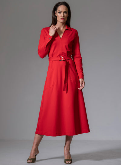 CUTHBERT RED COMFORTABLE SCULPT KNIT OPEN COLLAR MIDI SHIRT DRESS