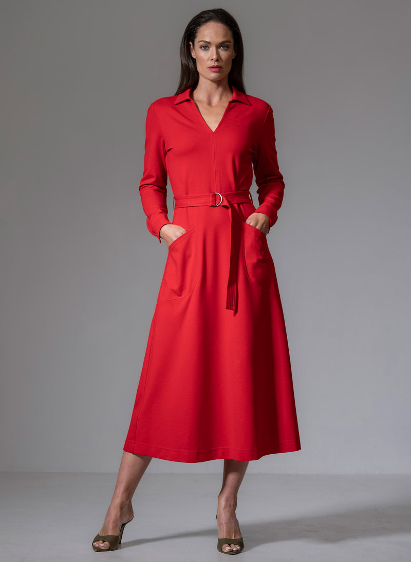 CUTHBERT RED COMFORTABLE SCULPT KNIT OPEN COLLAR MIDI SHIRT DRESS