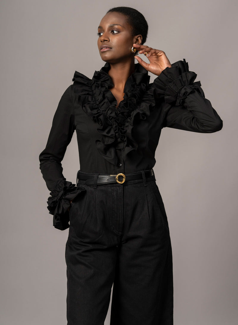 Filadelfia Black Tailored Ruffle Collar and Cuff Shirt