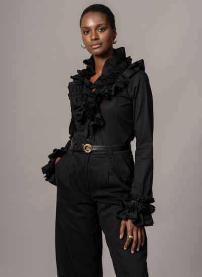 Filadelfia Black Tailored Ruffle Collar and Cuff Shirt