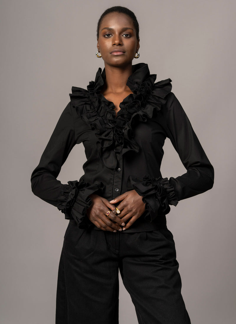 Filadelfia Black Tailored Ruffle Collar and Cuff Shirt