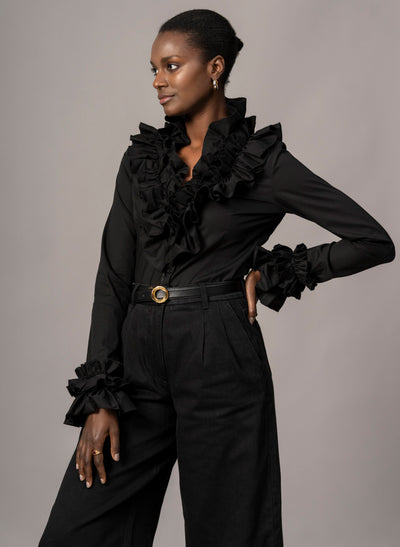 Filadelfia Black Tailored Ruffle Collar and Cuff Shirt