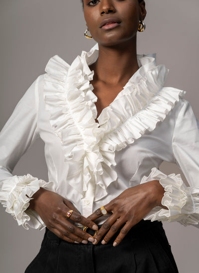 Filadelfia White Tailored Ruffle Collar and Cuff Shirt