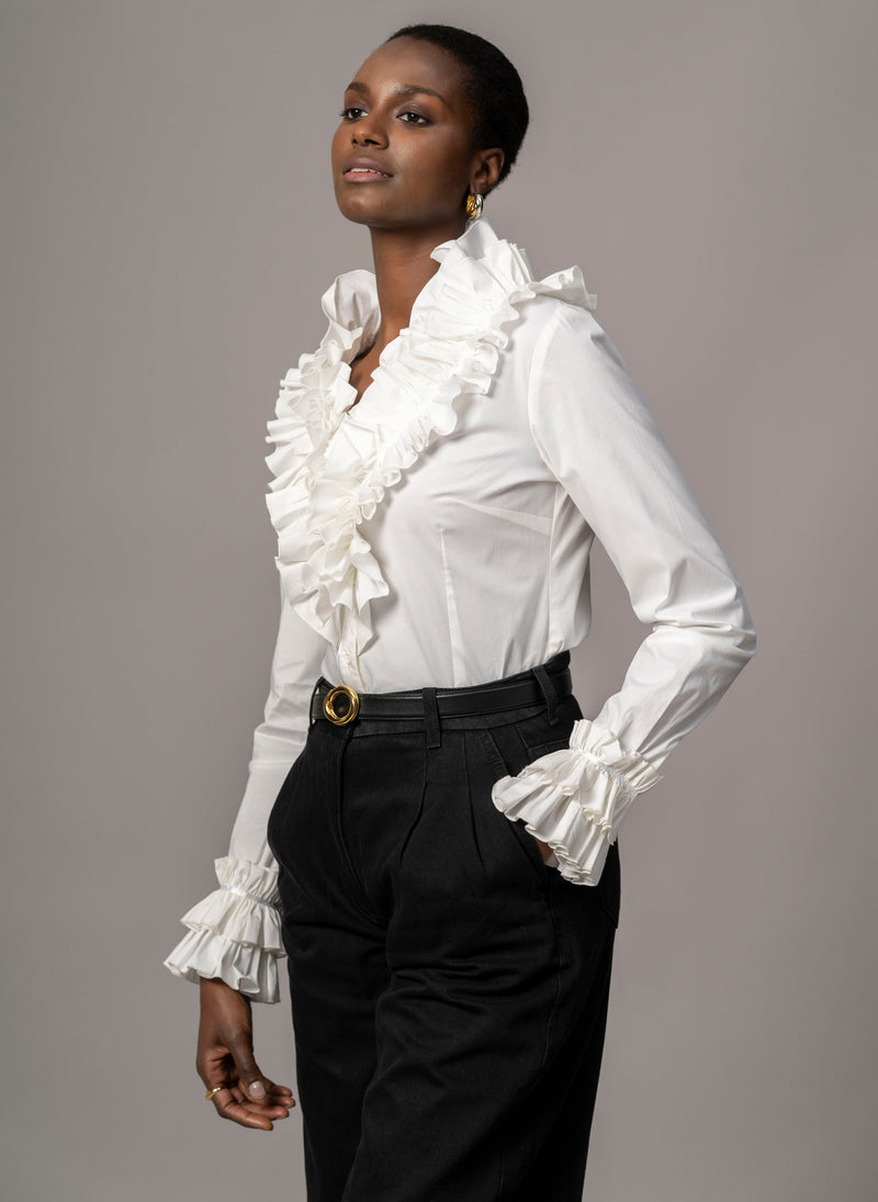 Filadelfia White Tailored Ruffle Collar and Cuff Shirt