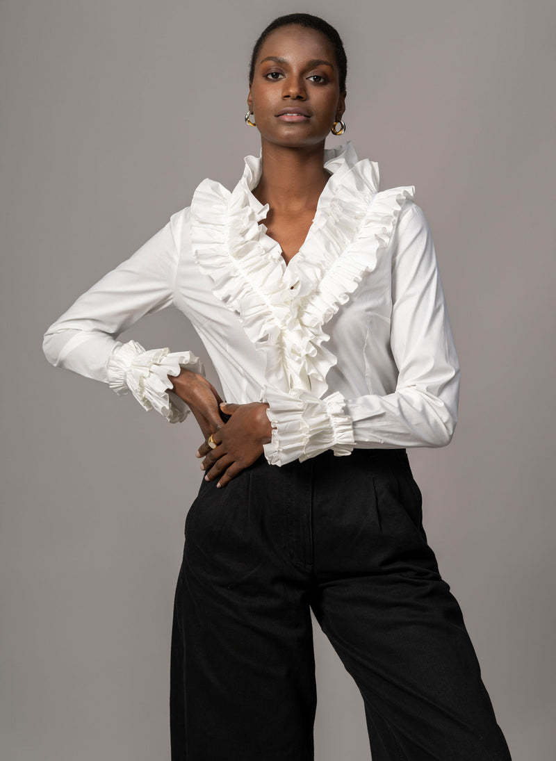 Filadelfia White Tailored Ruffle Collar and Cuff Shirt