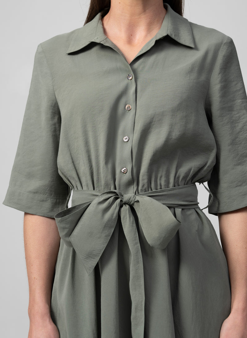 LE MARAIS KHAKI EVERYDAY MIDI SHIRT DRESS IN DRAPEY MODAL FABRIC