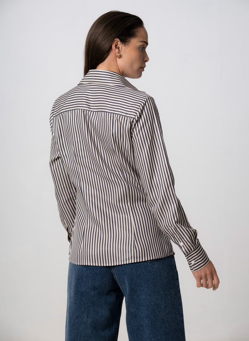 MADDIE NAVY & ECRU STRIPE V-NECK CLASSIC TAILORED BLOUSE IN TENCEL