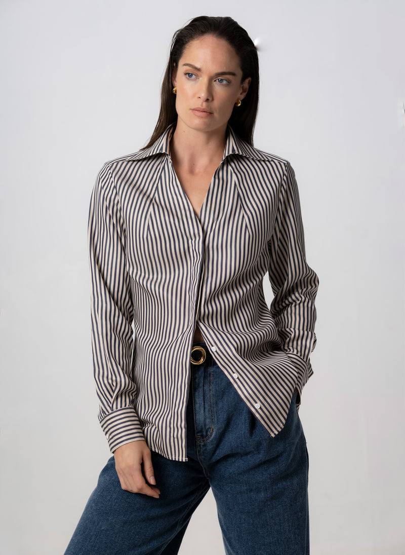 MADDIE NAVY & ECRU STRIPE V-NECK CLASSIC TAILORED BLOUSE IN TENCEL