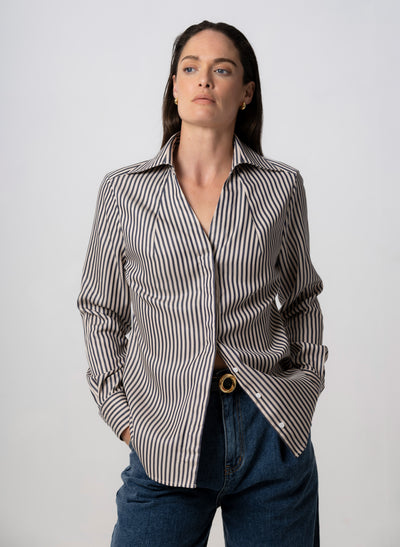 MADDIE NAVY & ECRU STRIPE V-NECK CLASSIC TAILORED BLOUSE IN TENCEL