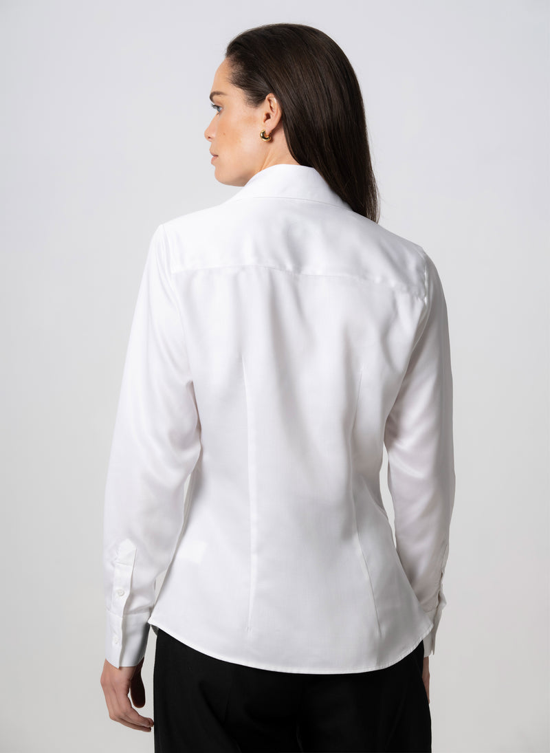 MADDIE OPEN COLLAR WHITE CLASSIC TAILORED BLOUSE IN TENCEL