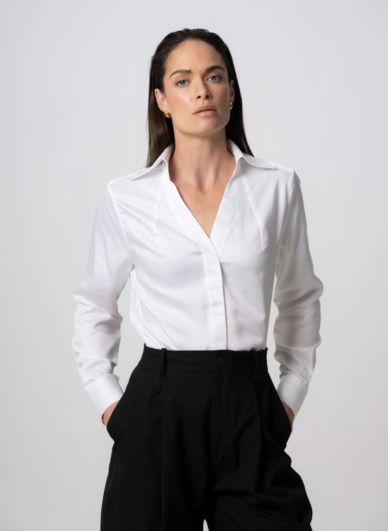 MADDIE OPEN COLLAR WHITE CLASSIC TAILORED BLOUSE IN TENCEL