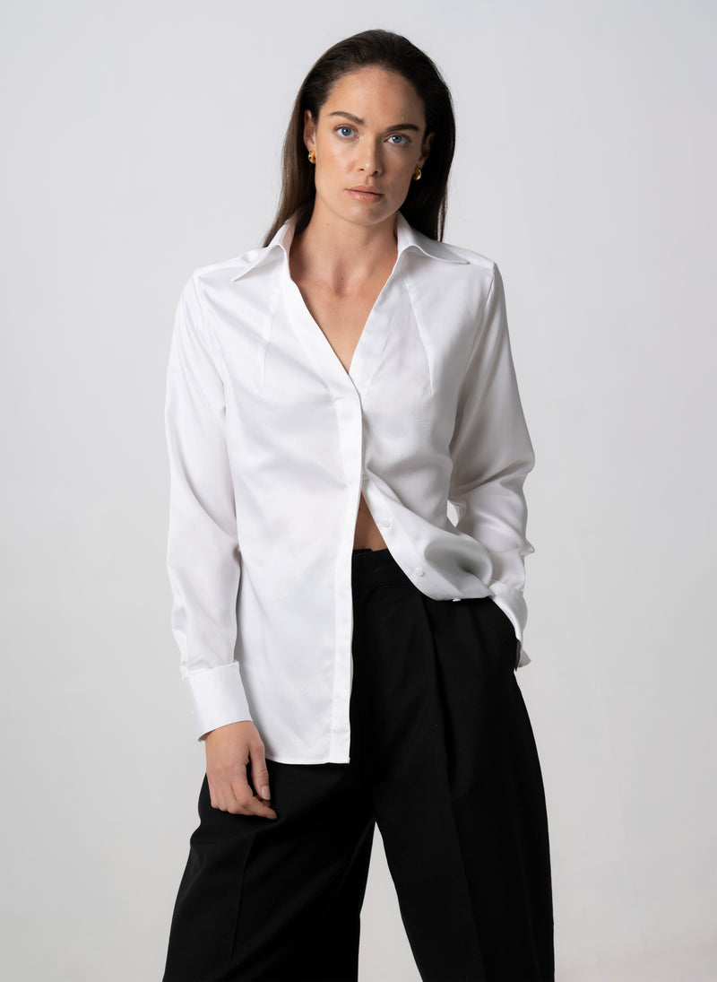 MADDIE OPEN COLLAR WHITE CLASSIC TAILORED BLOUSE IN TENCEL