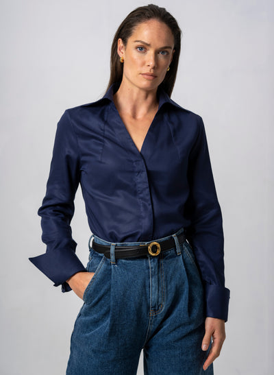 Madelena "The Boss" Navy Tailored V-Neck Shirt  in Tencel