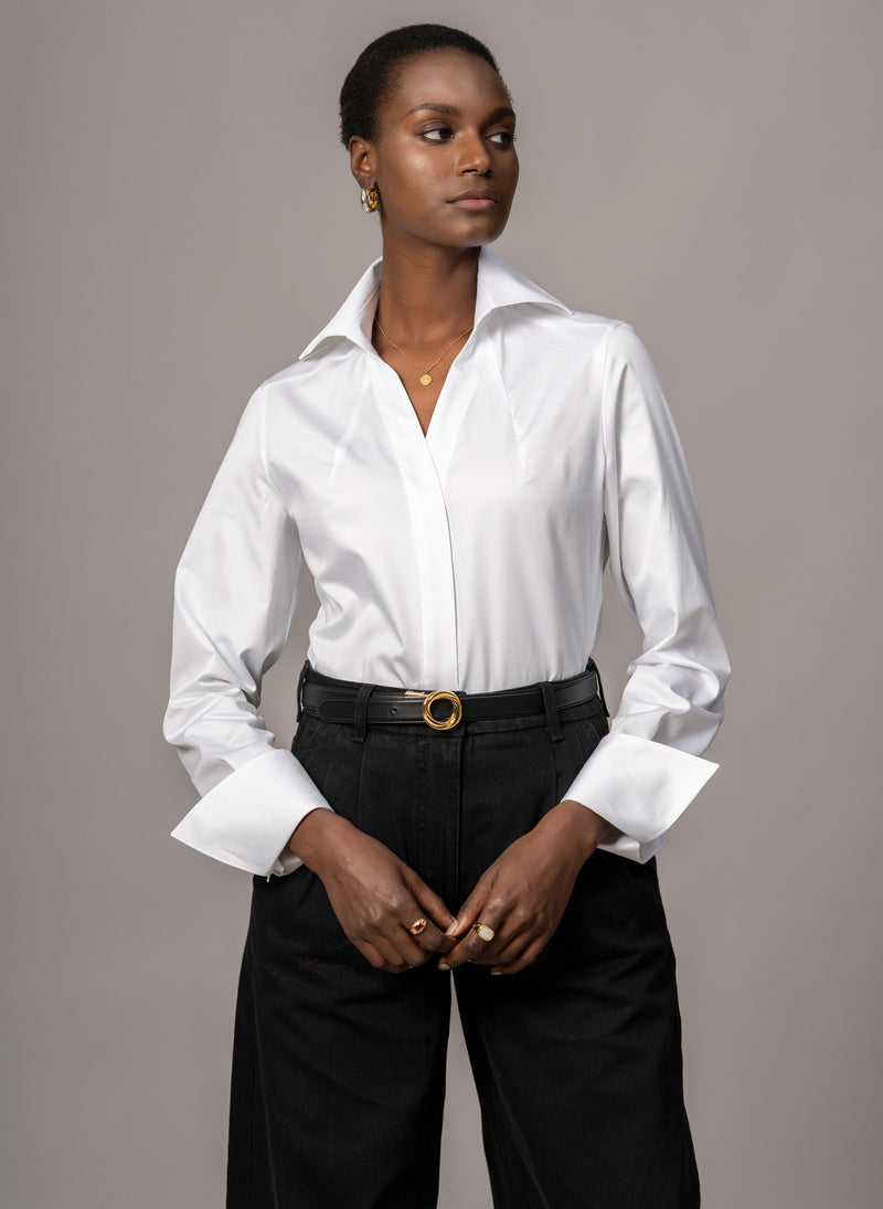 MADELENA "THE BOSS" WHITE TAILORED V-NECK ORGANIC COTTON SHIRT