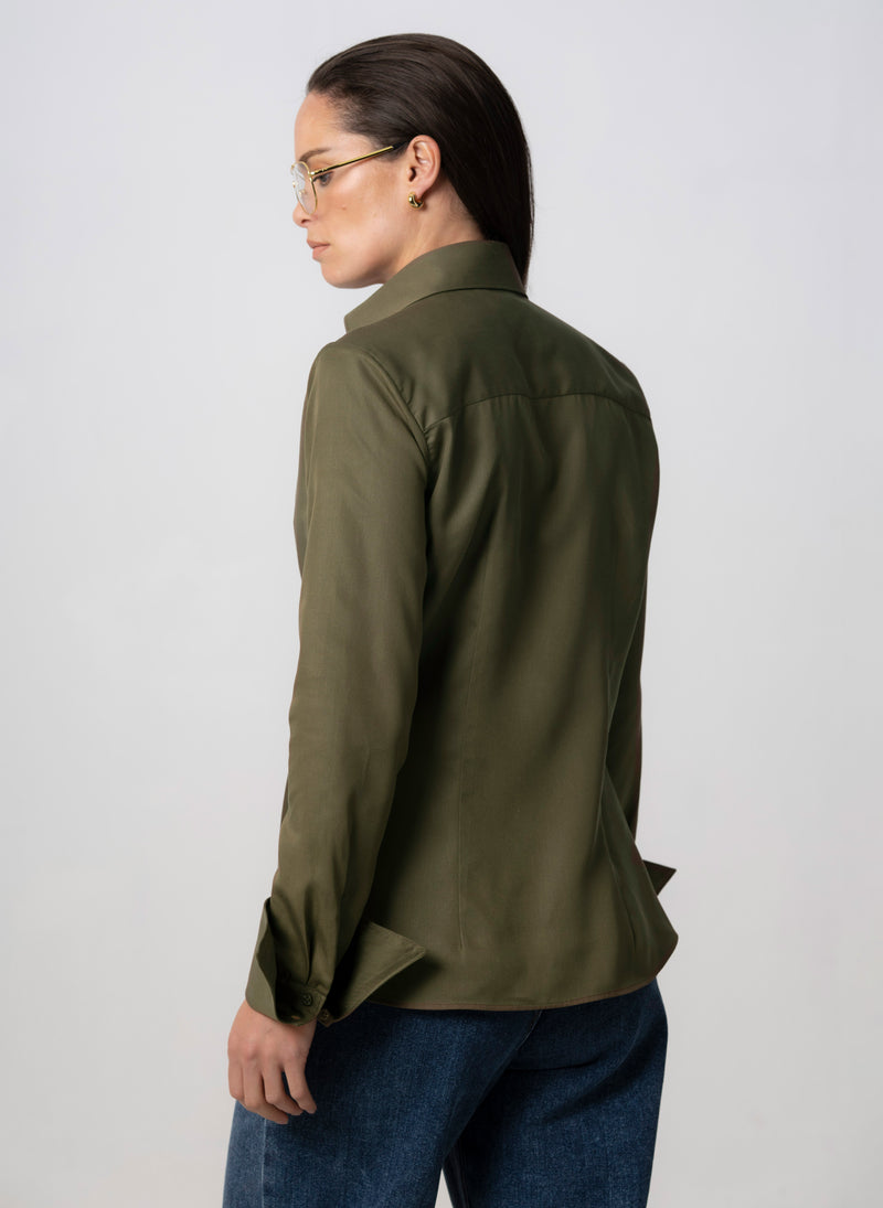 MADELENA "THE BOSS" KHAKI TAILORED V-NECK SHIRT IN TENCEL