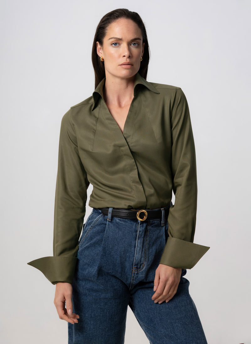 MADELENA "THE BOSS" KHAKI TAILORED V-NECK SHIRT IN TENCEL