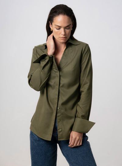 MADELENA "THE BOSS" KHAKI TAILORED V-NECK SHIRT IN TENCEL